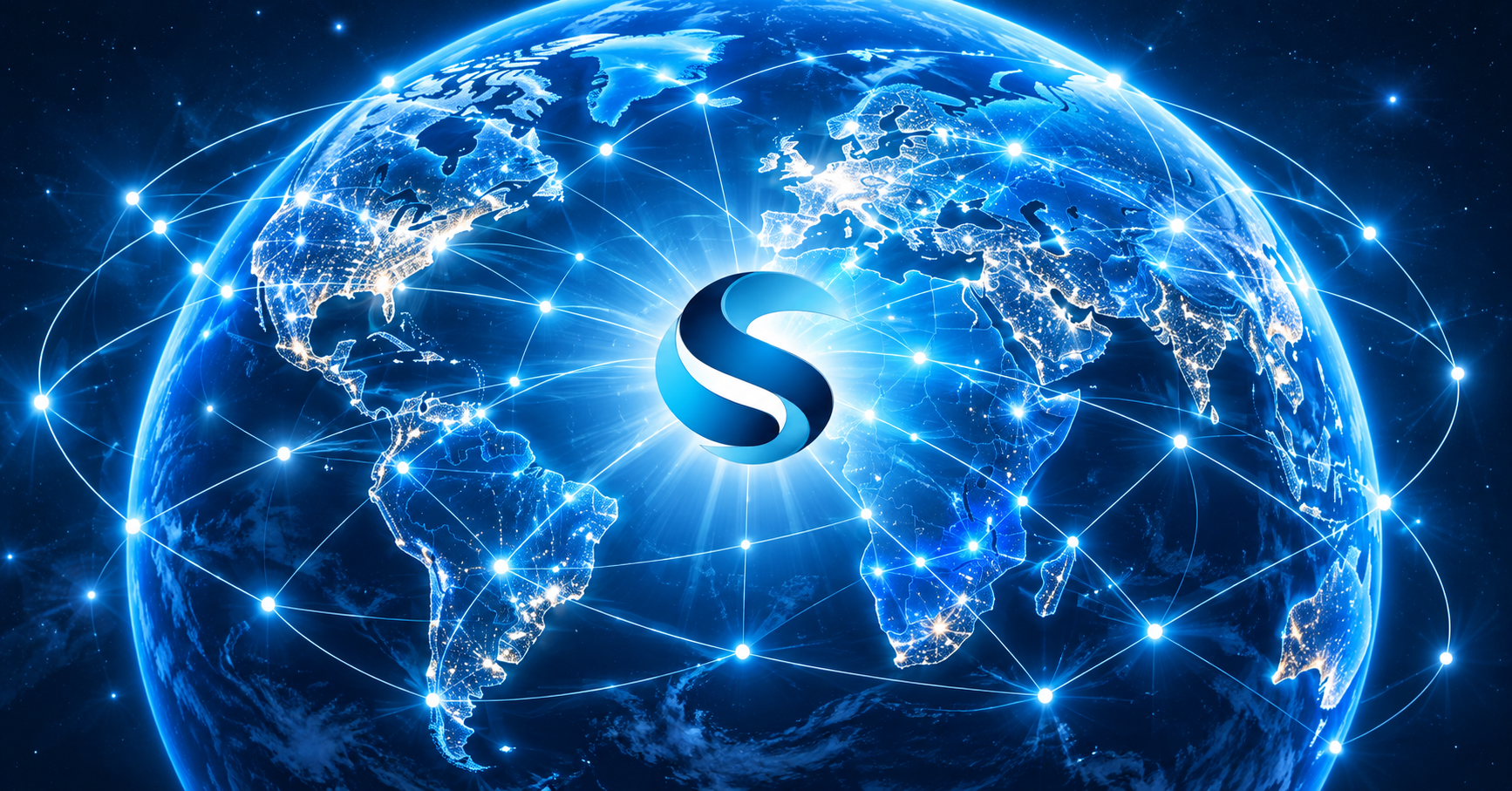 Conceptual global technology network featuring the original SUNAY S symbol